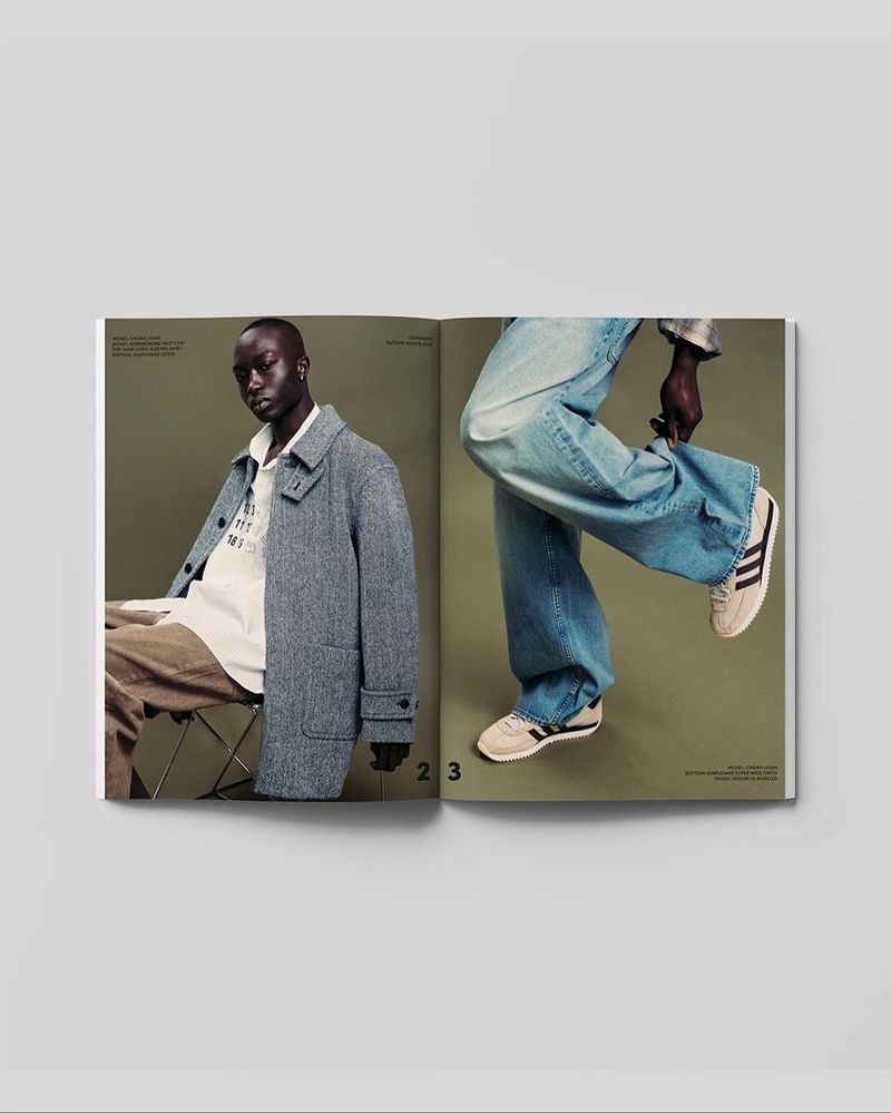 An open spread from the Rezet Store Lookbook showing two styled looks against an olive background.